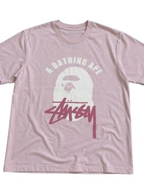Pink Short-Sleeve Tee with White Ape Graphic and Dusty Rose Script